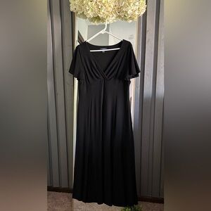 Chaps Black Pleated Maxi Dress with Flutter Sleeves